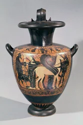 Attische schwarzfigurige Hydria, die eine Abschiedsszene darstellt, ca. 530-520 v. Chr.